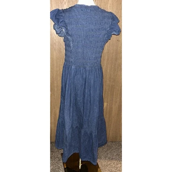 Women’s L 100% Cotton Denim Ruffle Sleeve Smocked Midi Dress with Washwell - Picture 4 of 9